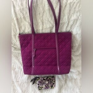 VERA BRADLEY Solid Fuchsia Quilted Tote Shoulder Bag & Plum Pedal Zip ID Case